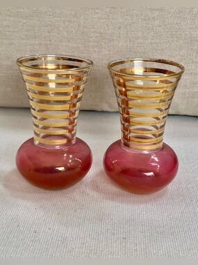 VTG Bartlett Collins Cranberry Glass Gold Rings Bud Bases Glasses Set of 2